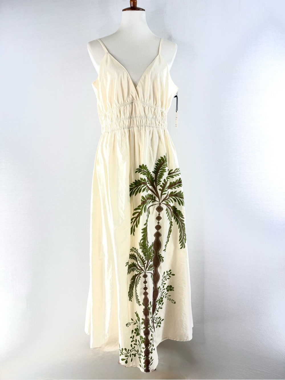 Japna Cream Palm Tree-Print Maxi Dress with Smocked Bodice